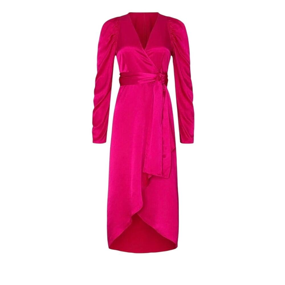 Chelsea and Walker | Hot Pink Satin North Wrap Midi Dress  4